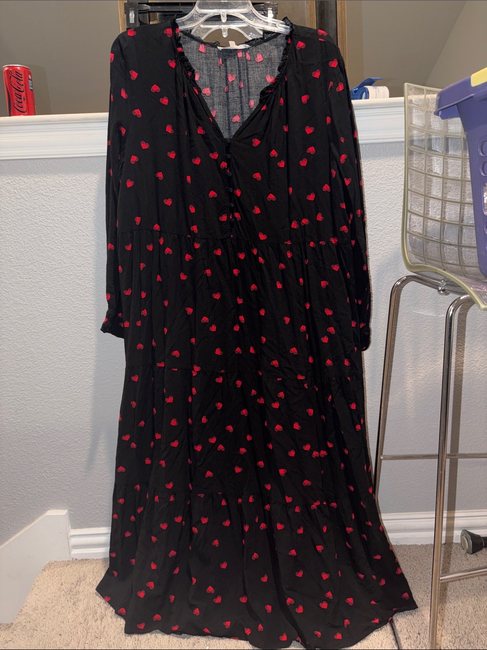 Black Maxi Dress with Red Heart Print — Elegant Tiered V-Neck Maxi